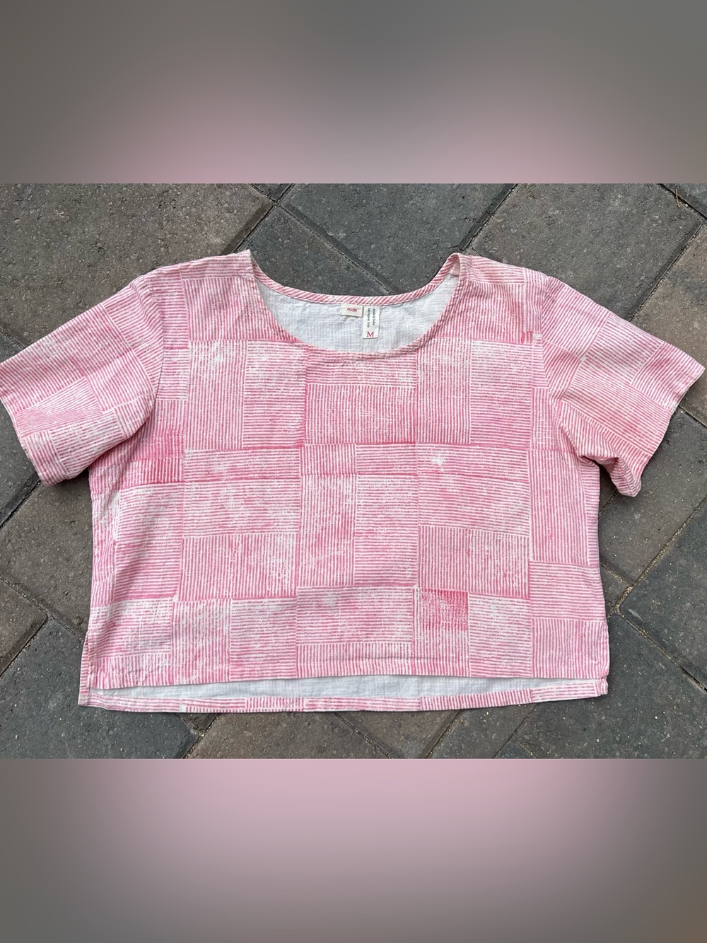 PO-EM Pink Grid Boxy Crop Top M Hand Block Printed Handwoven Cotton